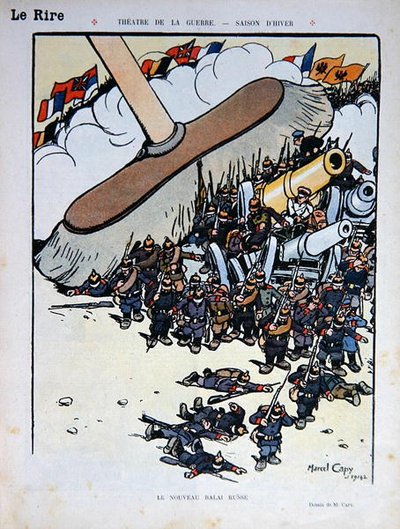 新しいロシアの箒」1914年12月5日付「Le Rire」誌掲載の漫画（カラーリトグラフ） 作： Marcel Amable O.L. Capy