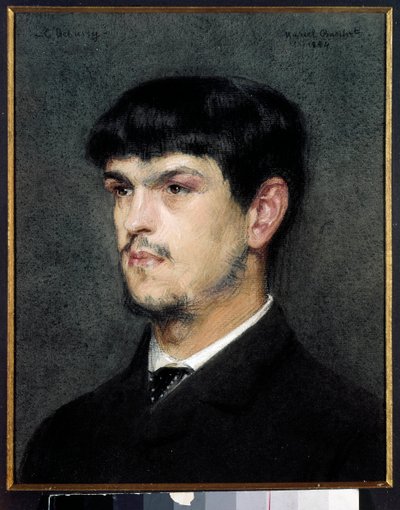 フランスの作曲家クロード・ドビュッシー（1862-1918）の肖像 黒い石とパステル画 マルセル・アンドレ・バシェ（1862-1941）1884年 薄暗い0,27 x 0,26 m 作： Marcel Andre Baschet