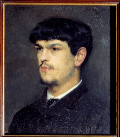 フランスの作曲家クロード・ドビュッシー（1862-1918）の肖像 マルセル・アンドレ・バシェ（1862-1941）による黒石とパステルによる絵画 1884年 薄暗い 0,24 x 0,21 m パリ、オルセー美術館 作： Marcel Andre Baschet
