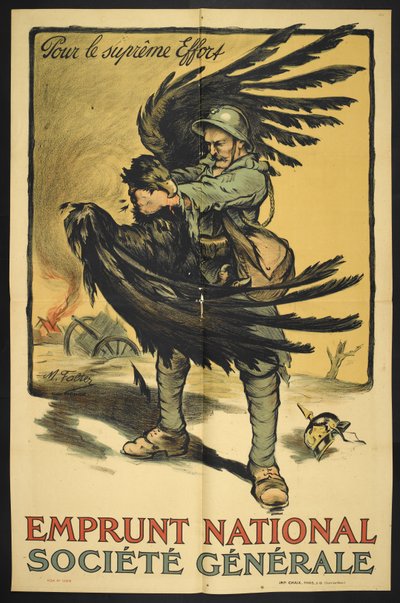大きな鳥（ドイツを代表する？）を絞め殺すフランス兵のイメージ。 作： Marcel Falter