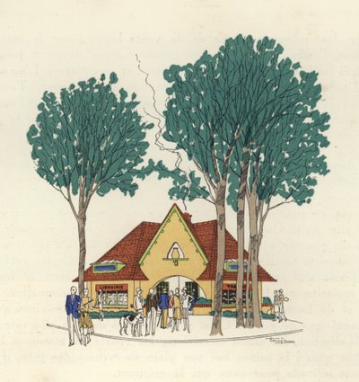 ル・トゥーケの書店とタバック（カラーリトグラフ） 作： Marcel Jacques Hemjik