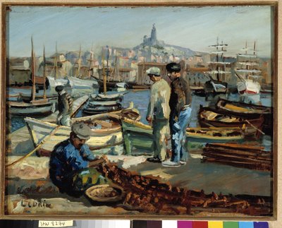 マルセイユ港の波止場の漁師 マルセル・レプリン (1891-1933) の絵画 作： Marcel Leprin