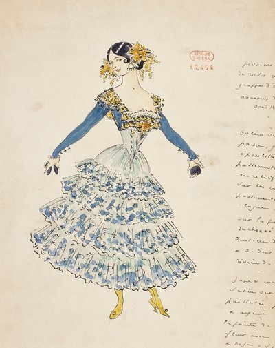 カルメン、ジョルジュ・ビゼー（1838-1875）によるカルメンの第2幕のためのマルセル・マルツァー（1866-1937）による衣装スケッチ 作： Marcel Multzer