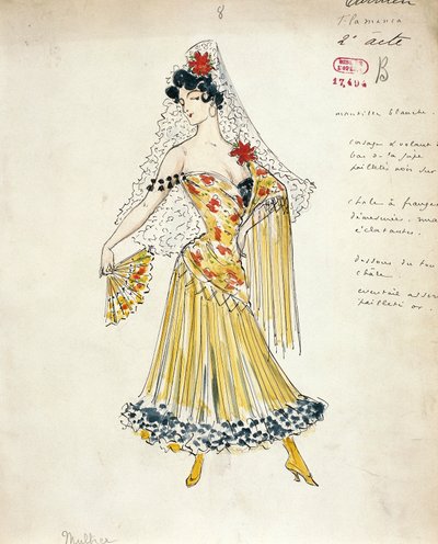 França, Paris, Esboço de figurino para dançarinas de flamenco para Carmen de Georges Bizet 作： Marcel Multzer