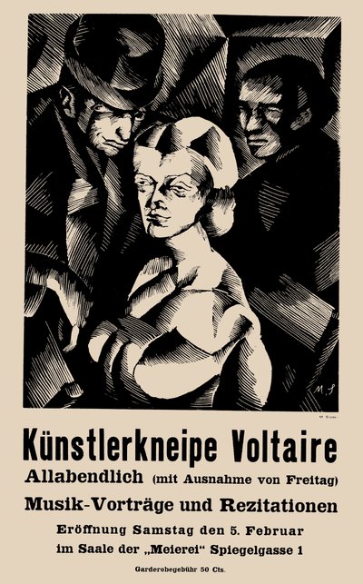 1916 年 2 月 5 日のキャバレー ヴォルテールのオープニングのポスター - マルセル スロドキ (1892-1944)。 リソグラフィー 作： Marcel Slodki