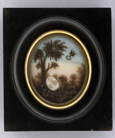 プラーク、1880年頃（ガラス、金箔、木、ガラスに水彩とヘアワーク） 作： Marcellin Marcellin