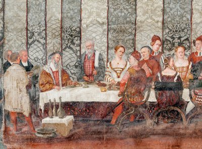 晩餐会、名誉ホールのバルトロメオ・コレオーニへのデンマークのクリスチャン1世の訪問の詳細 作： Marcello or Romani Girolamo (Romanino) (c.1485 c.1566) (attr.to) Fogolino