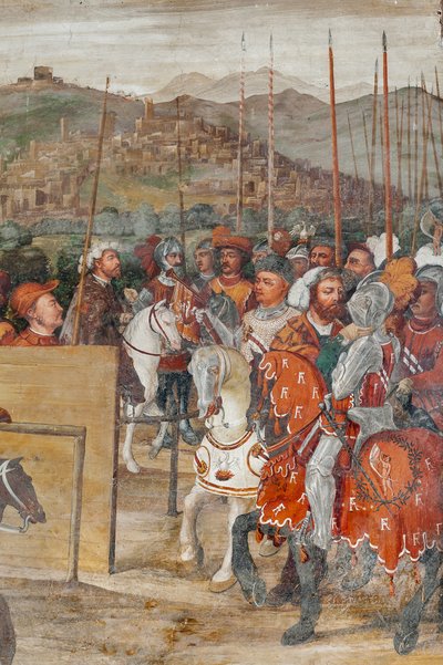 名誉の殿堂バルトロメオ・コレオーニへのデンマークのクリスチャン1世の訪問の詳細 作： Marcello or Romani Girolamo (Romanino) (c.1485 c.1566) (attr.to) Fogolino