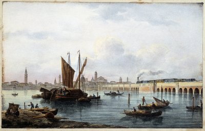 Marco Moro ed. Gio Brize-Ghelが描いた "Album of the Main View of Venice "の中のラグーンにかかる橋。Gio Brise-Ghel n.d. 1840年。 作： Marco (after) Moro