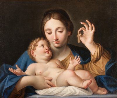 イエスに小さな十字架を示すマドンナ（キャンバスに油彩） 作： Marcantonio Franceschini