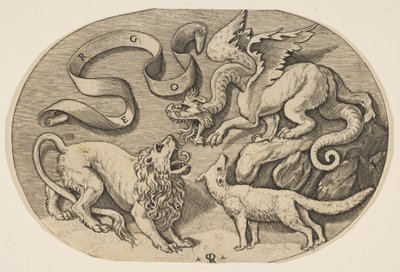 互いに戦うライオン、ドラゴン、キツネ、上に刻まれたバンデロール、楕円形のc ...、ca。 1515-27。 作： Marco Dente