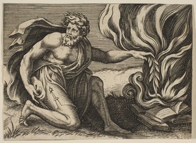 燃える本の山に月桂樹の枝をひざまずいて配置する男。 1515-27。 作： Marco Dente