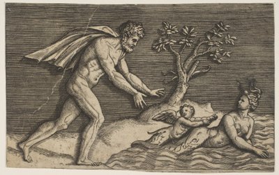 ネイドとキューピッドを水中に追い込む裸の男。 1515-27。 作： Marco Dente
