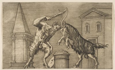 サテュロスとラムが互いに攻撃し、サテュロスが右手でクラブを振り回している...、ca。 1515-27。 作： Marco Dente