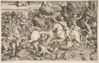馬に乗った兵士と数人の倒れた男性、別の...、ca。 1520。 作： Marco Dente