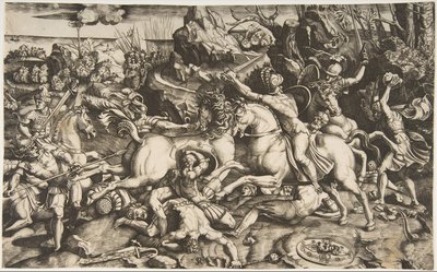馬に乗った兵士と数人の倒れた男性、別の...、ca。 1520。 作： Marco Dente