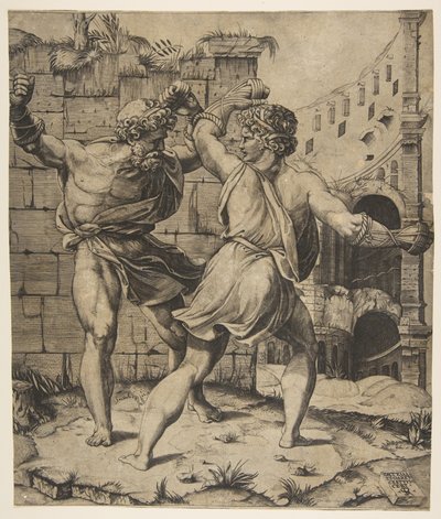 1520-25年の古典的な廃墟の前で戦うエンテルスとダーレス。 作： Marco Dente