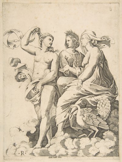 会話をする雲の中のジュノー、セレス、プシュケ。 1515-27。 作： Marco Dente