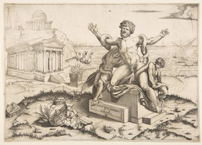 Laocoönと彼の2人の息子が台座、Mi ...の寺院に蛇に襲われている。 1515-27。 作： Marco Dente