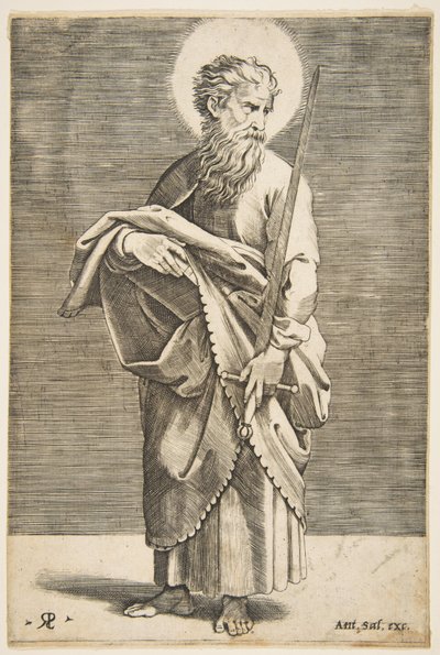 右を向いて剣と本を持っているセントポール、ca。 1515-27。 作： Marco Dente