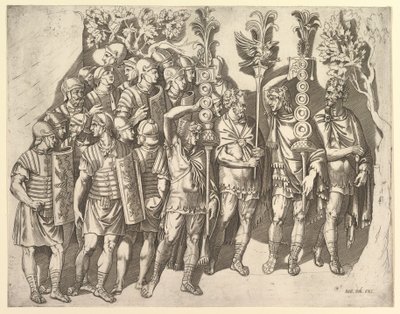 ローマの壮大なガラス：トラヤヌスの柱からのローマ軍団、16世紀。 作： Marco Dente