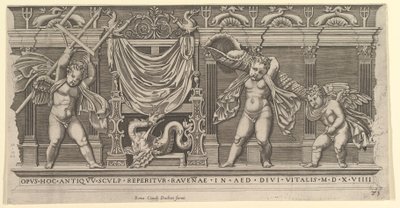 Speculum Romanae Magnificentiae:3つのキューピッドを持つバスレリーフ、1519年 作： Marco Dente
