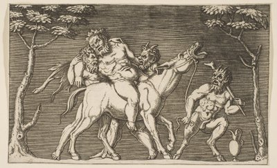 シレヌスをラバの上に乗せる2人のサテュロスと、右にいる3人目のサテュロス 1515-27年頃 作： Marco Dente