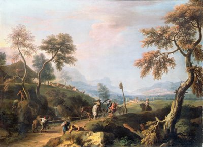 道路上の馬車に紳士がいる森の風景（キャンバスに油彩） 作： Marco Ricci