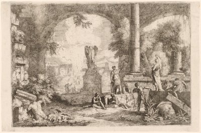 古典的な雄弁家を見つめる男性と古代遺跡の奇想曲 作： Marco Ricci