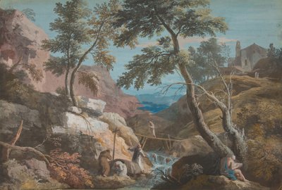隠者のいる山岳風景、カリフォルニア州。 1700-1730。 作： Marco Ricci