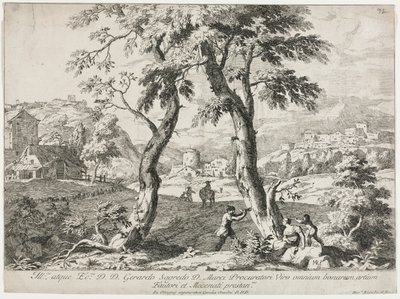 前景に人物が描かれた村の眺め、1723年。 作： Marco Ricci
