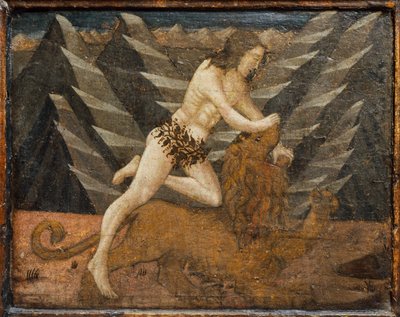 戦いの場面とヘラクレスの労苦の場面を描いたカッソーネ、イットレー、フロレンス 1460年頃 テンペラ、ジェッソ、木 作： 