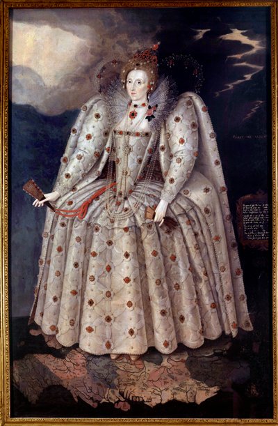イングランド王妃エリザベートの肖像画 マーカス・ゲーラーツ（ゲーラーツまたはゲーラーツ）・ザ・ヤング（1561-1635）による絵画 1592年頃 日の丸2,41x1,52 m ロンドン、ナショナル・ポートレート・ギャラリー 作： Marcus Gheeraerts