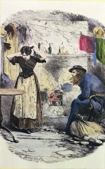 プレザントライダーフッドとジョンハーモン、チャールズディケンズの「Our Mutual Friend」のイラスト（1812-70）1864-65（カラー彫刻） 作： Marcus Stone