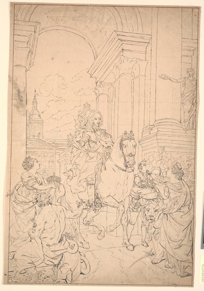 絵の下書き: デンマークとノルウェーは Chr に敬意を表します。 VI (1794 年にクリスチャンスボーで焼失) 作： Marcus Tuscher