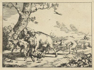 4匹の猟犬に襲われるイノシシ 猟犬（シリーズタイトル） 作： Marcus de Bye
