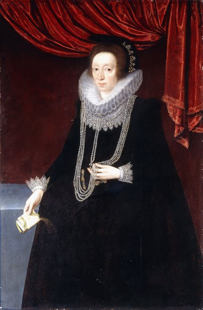 真珠のネックレスと彼女の右手に本が付いた黒いドレスを着たマーガレットベラシスの肖像画 作： Marcus the Younger Gheeraerts