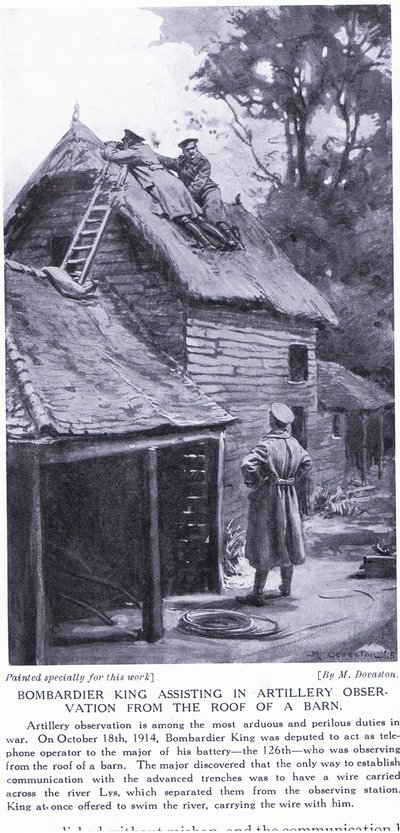 リス川対岸の納屋の屋根から砲兵観測を支援するキング爆撃兵 1914年10月（リトグラフ） 作： マーガレット・ドヴァストン