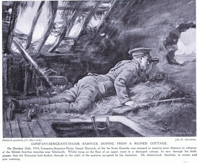 1914年10月、ゲフベルトの廃墟となったコテージから狙撃するバーウィック中隊軍曹少佐（リトグラフ） 作： Margaret Dovaston