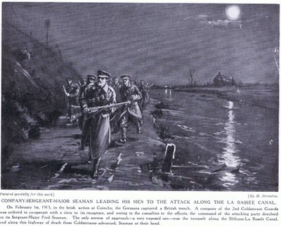 ラ・バッセ運河沿いで部下を率いるシーマン少佐中隊長 1915年2月（リトグラフ） 作： マーガレット・ドヴァストン