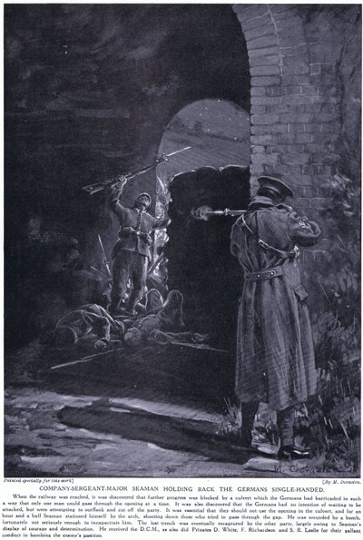 1915年2月、片手でドイツ軍の攻撃を食い止めたシーマン少佐がDCMを受賞（リトグラフ） 作： Margaret Dovaston