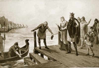 海軍閲兵式を行う平和主義者エドガー、「ハッチンソンの英国国家物語」の挿絵、1920年頃（リトグラフ）。 作： マーガレット・ドヴァストン