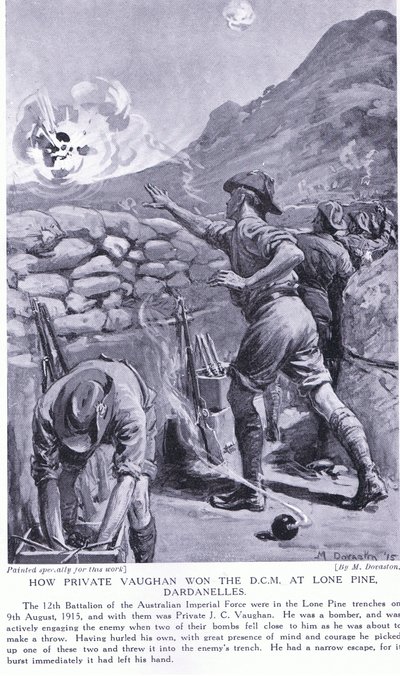 1915年8月、ローンパイン・ダーダネルス海峡でDCMを獲得したヴォーン一等兵（リトグラフ） 作： マーガレット・ドヴァストン