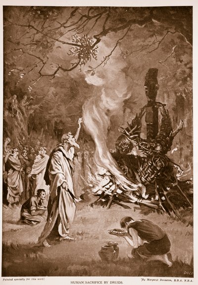 ドルイド教徒による人身御供、「ハチソンの英国国家物語」の挿絵、1920年頃（リトグラフ）。 作： マーガレット・ドヴァストン