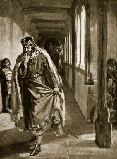 マグナ・カルタに署名したジョンの怒り、「ハッチンソンの英国国家物語」の挿絵、1920年頃（リトグラフ）。 作： マーガレット・ドヴァストン