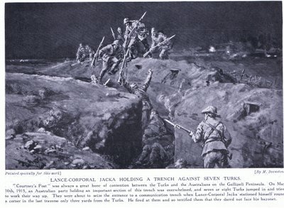 1915年5月、ジャッカ伍長が1人で7人を倒す方法を示し、VCを獲得（リトグラフ） 作： Margaret Dovaston