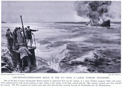 E14のボイル中佐がトルコの大型輸送船を撃沈 1915年（リトグラフ） 作： マーガレット・ドヴァストン