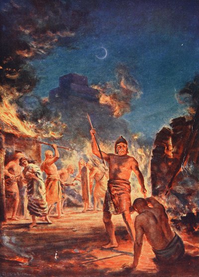 ラガシュの焼き討ち（ハッチンソン著『諸国民の歴史』より）、1910年頃、カラーリトグラフ。 作： マーガレット・ドヴァストン