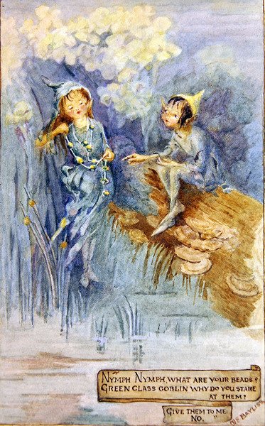 ニンフと緑のゴブリン」（ボードに水彩画） 作： Margaret E. Bayliss