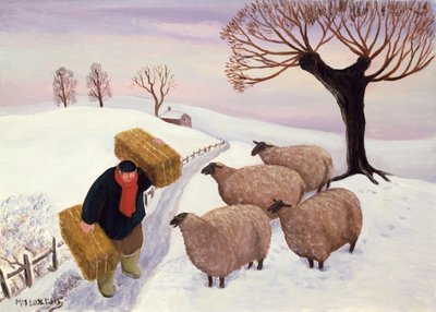 冬に羊に干し草を運ぶ 作： Margaret Loxton